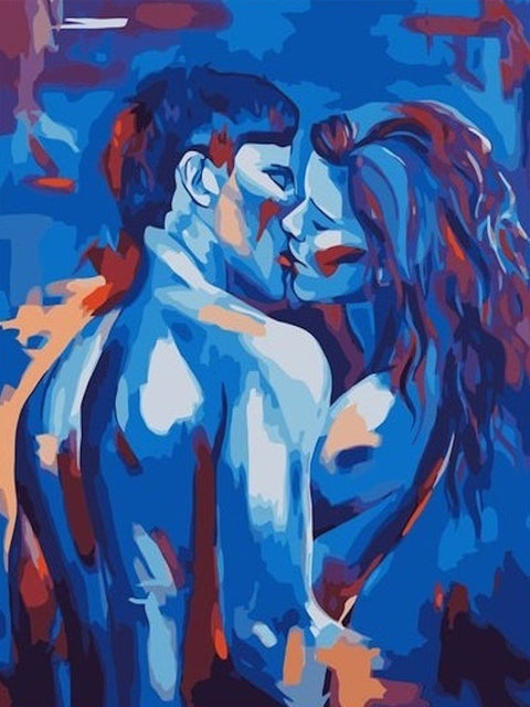 Tapyba pagal skaičius romantinė pora mėlynomis ir raudonomis plokštumomis, 40×50 cm drobės variantas, artimas priartinimas