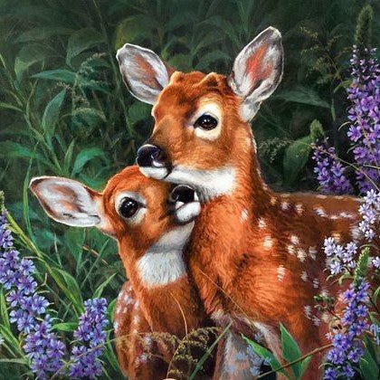 sieninė drobė su elniukais, ruda jauniklių pora tarp violetinių laukinių gėlių, švelnus artimas kampas