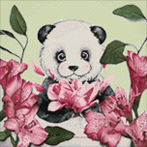 kryželių rinkinys panda juodai baltas su rožinėmis gėlėmis ir švelniai žaliu fonu, arti priartintas kompozicijos variantas