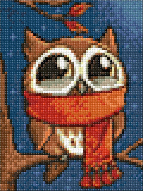 Diamantinė mozaika „Pelėdė su šaliku“ rudai‑mėlyna 30×40 cm, makro kadras pabrėžia blizgius deimantėlius