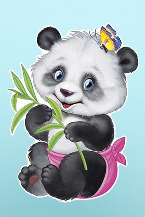 Sienų lipdukas panda vaikų kambariui, balta‑juoda panda su rožine paklodėle, drugeliu ir bambuku