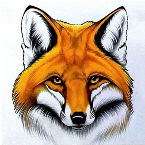 Lapės tatuiruotė oranžinė‑balta, detaliai nubrėžta priekinė veido kompozicija su ryškiomis akimis, realistinis stilius