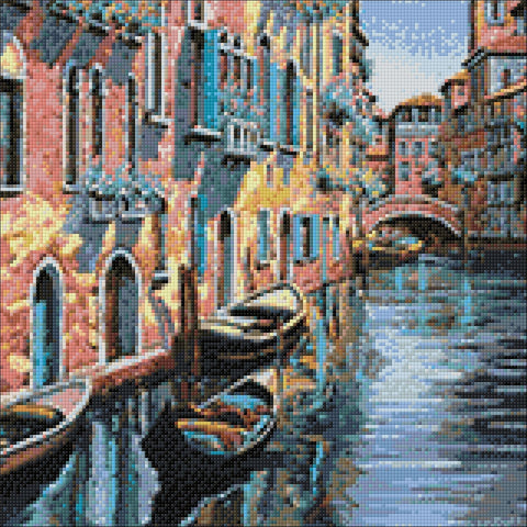 Deimantinė tapyba Venecijos kanalas su gondolomis, pastelinės spalvos ir blizgantys kristalai, 40×40 cm