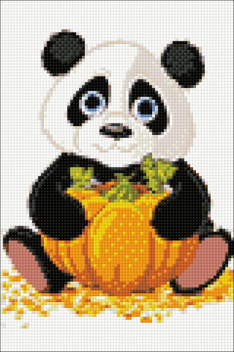 Deimantinė mozaika panda su oranžiniu moliūgu, pilno dydžio kvadratinių kristalų rinkinys, priekio artimas planas