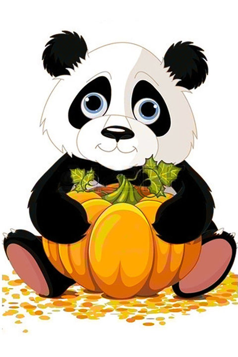 Panda lipdukas – juodai baltas meškutis laikantis ryškų oranžinį moliūgą, 10×15 cm rudens variantas