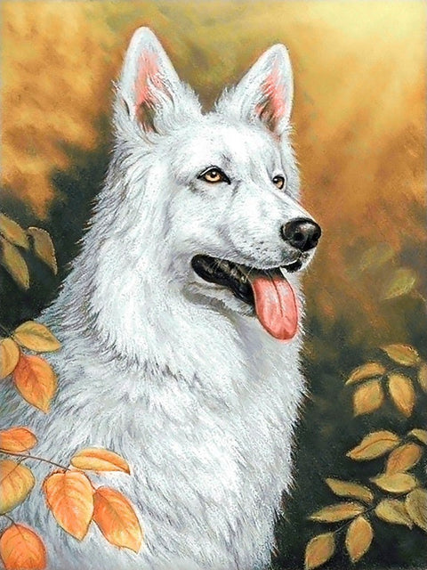 Paveikslas baltas Šveicarų aviganis profilio portretas ant drobės 50×70 cm, rudeninis fonas su oranžiniais lapais