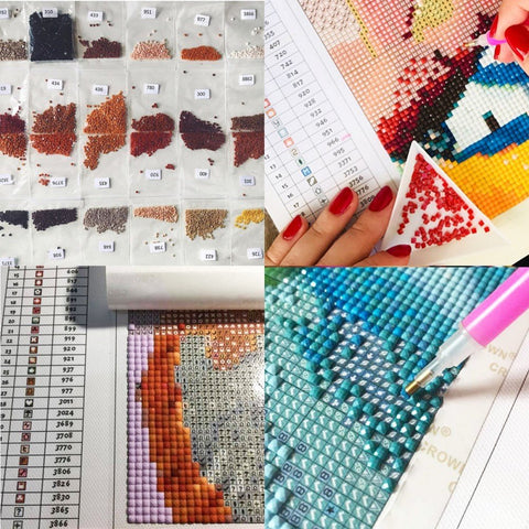 Diamond painting rinkinys — visos spalvotos kaladėlės, lipni drobė, žymėta schema ir aplikatoriaus priemonės komplekte