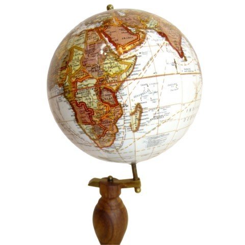 Globusas su kremine, senovine žemėlapių apdaila ir mediniu stoveliu, matomas rytinis pusrutulys (Afrika)