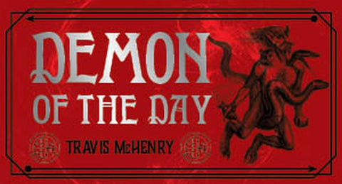 Knyga "Demon of the Day" su ryškiai raudonu viršeliu, autorius Travis McHenry, demonas ir dekoratyvinis šriftas dešinėje