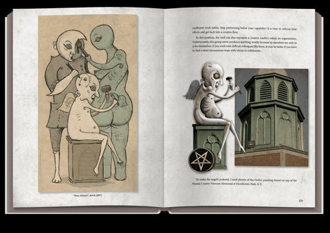 knyga atversta su iliustruotais puslapiais: kairėje smulkus eskizas trijų figūrų, dešinėje skulptūrinė angelė ir pastato fragmentas