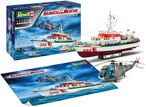 Modelio laivas Revell 1:72 SAR gelbėjimo laivas su raudonai baltu apipavidalinimu, stoveliu ir sraigtasparnio maketu komplekte