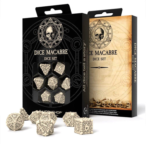 Kauliukai Dice Macabre kreminiai ornamentuoti RPG rinkinys su 7 detalizuotais kauliukais ir juoda bei senovinio popieriaus pakuote
