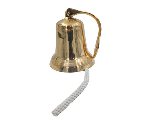Laivo varpas iš žalvario su laikikliu ir baltu pintu trosu, blizgi auksinė apdaila, šoninis kampas