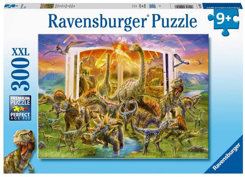 Dėlionė Ravensburger 300 XXL dalių su spalvingu dinozaurų peizažu, atsiveriančia knyga-portalą ir daug smulkių detalių