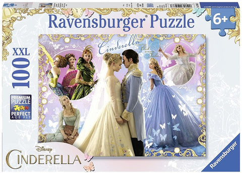 Dėlionė Ravensburger 100 XXL Cinderella, pastelinių mėlynų ir kremų tonų scena su princu ir Pelenė, dėžutės priekinė iliustracija
