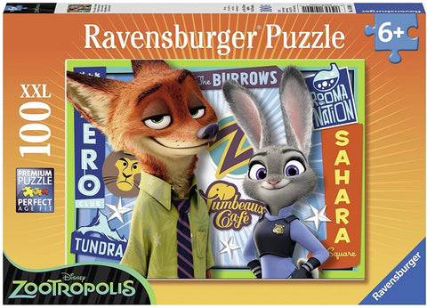 Dėlionė Zootropolis Ravensburger 100 XXL dalių, vaikams 6+, dėžutės priekis su Nick Wilde ir Judy Hopps personažais