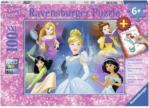 Princesių dėlionė Ravensburger 100 XXL dalių, rožinė pakuotė su piešimo knygute ir iliustracija su penkiomis Disnėjaus princesėmis