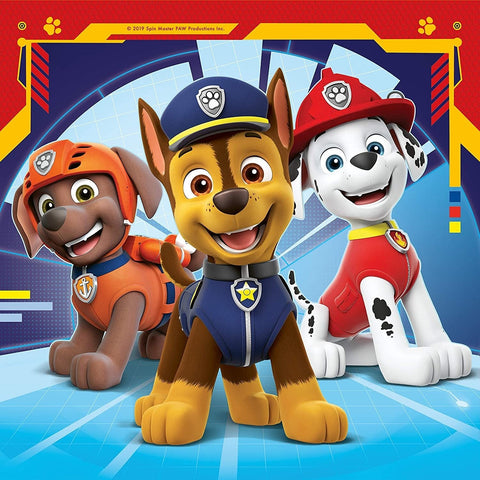 Paw Patrol sienų lipdukas su trimis herojais Chase, Marshall ir Zuma priekyje, ryškios mėlynos ir raudonos spalvos