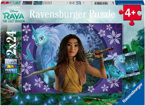 Ravensburger dėlionė Raya (2×24 det.), violetinis fonas su Raya ir mėlynu drakonu Sisu centre, 4+ metų amžiui