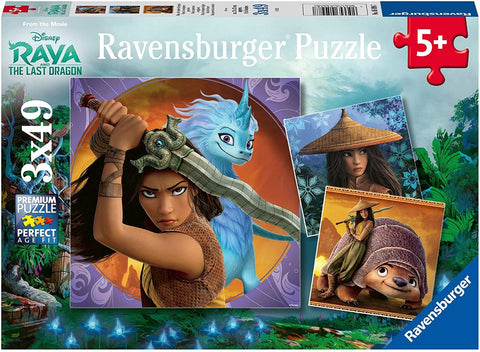 Ravensburger dėlionė Raya — 3 x 49 dalių komplektas su Raya ir Sisu, spalvinga dėžutės priekinė pusė, amžius 5+