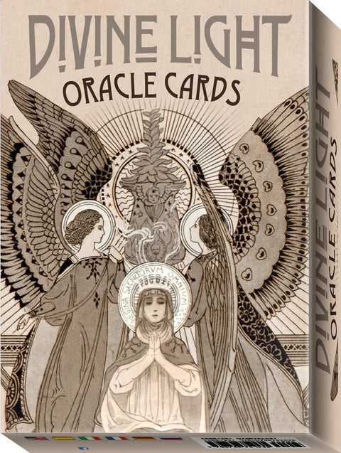 Orakulo kortos Divine Light, sepijos spalvos dėžutė su angelų iliustracija, priekinis kampas galerijos prekei