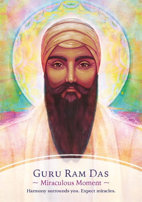 orakulų korta, frontinis vyro portretas su turbanu ir ilga barzda, pastelinės spalvos ir ramybės žinutė apačioje
