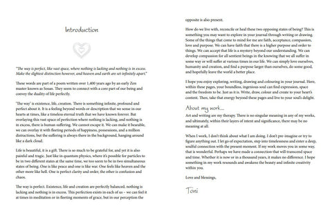 dienoraštis su vidiniu pavyzdžiu: dviejų puslapių įžangos tekstas ir Toni parašas, atviros baltos puslapio vietos rašymui