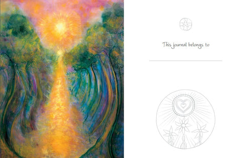 sąsiuvinis su švytinčiu miško viršelio piešiniu ir užpildoma "This journal belongs to" puslapio antrašte, vidinio dizaino variantas