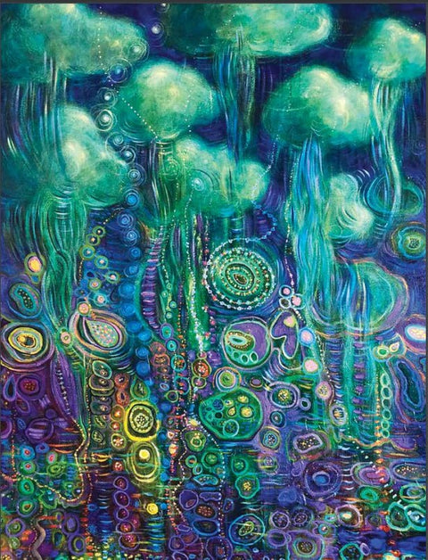 Paveikslas abstrakti jūros kompozicija su žalsvai mėlynomis ir violetinėmis medūzų formomis bei reljefine faktūra, skirtas moderniam interjerui