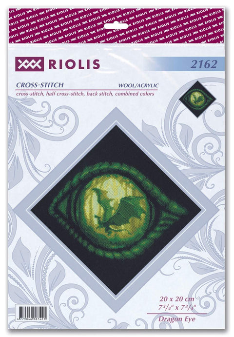 Kryželių rinkinys Riolis — žalia „Drakono akis“ kryžminė siuvinė ant juodo fono, pakuotės priekis, dydis 20×20 cm