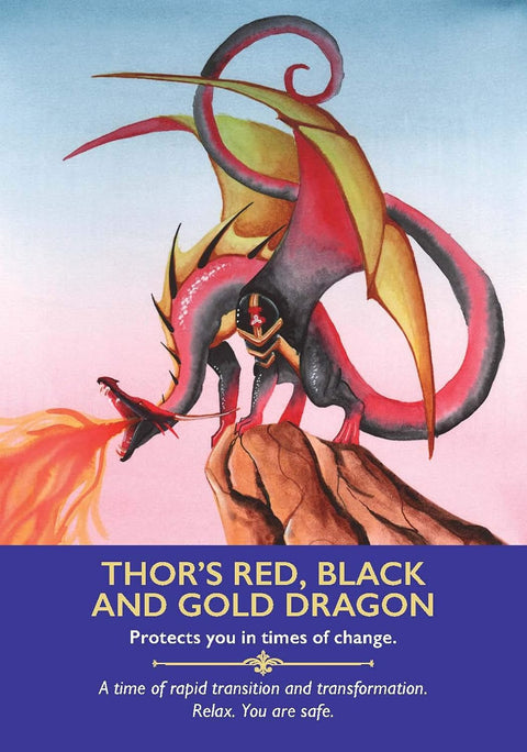 Orakulų korta Thor's Red, Black and Gold Dragon: raudonas‑juodas‑auksinis drakonas ant uolos siunčia apsaugos ir pokyčių žinutę