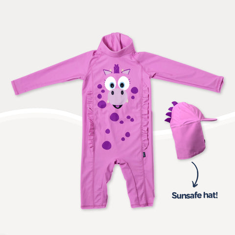Vaikiškas maudymosi kostiumėlis su kepure „Rožinis drakonas“ UPF50+ 2–3 m. | My Carry Potty