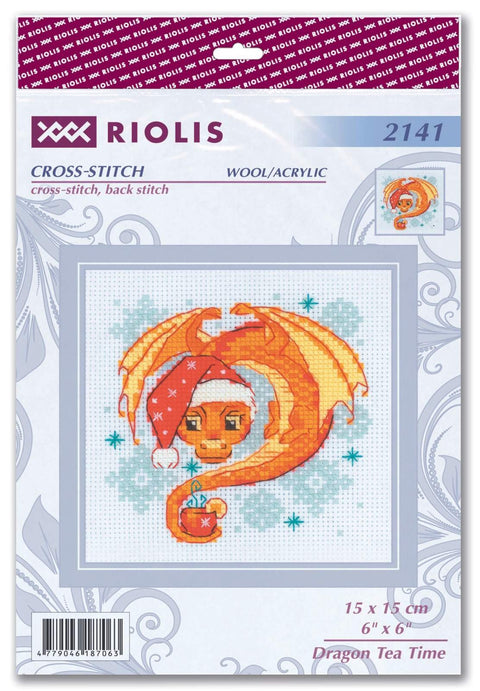 Kryželių rinkinys Riolis: oranžinis drakonas su kalėdine kepure ir arbatos puodeliu, 15×15 cm, vilna/akrilas