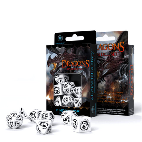 Q - Workshop: Dragons RPG kauliukų rinkinys baltos ir juodos spalvos - HOBI.LT 🇱🇹