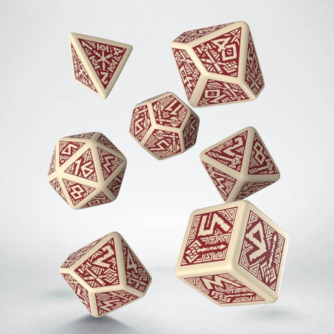 RPG kauliukai kreminiai su tamsiai raudonomis geometrinėmis raštų panelėmis, 7 dalių rinkinys krentančiais kampais