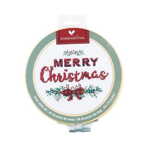 Kryželių siuvinėjimo rinkinys Dimensions su 15,2 cm lankeliu, raudona–žalia Merry Christmas kalėdinė kompozicija