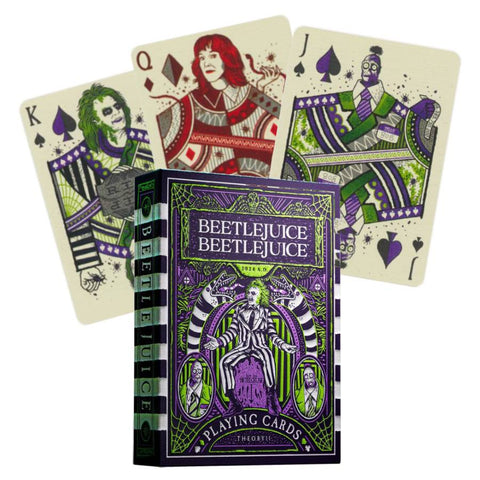 Beetlejuice žaidimo kortos – juodos, violetinės ir žalios dėžutės priekinis dizainas su trimis iliustruotomis figūromis
