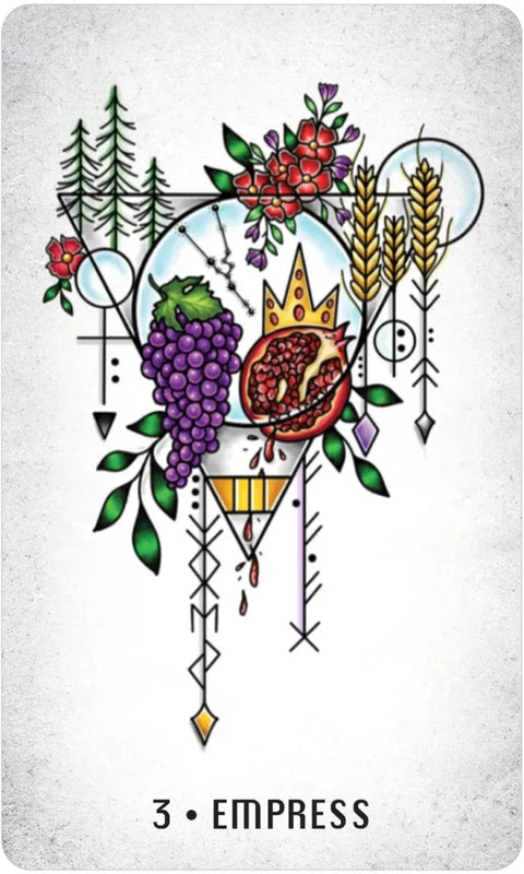 Tarot korta Imperatorė su stilizuotu geometriniu dizainu, violetinėmis vynuogėmis, atvira granata ir aukso karūna, priekinis produkto variantas