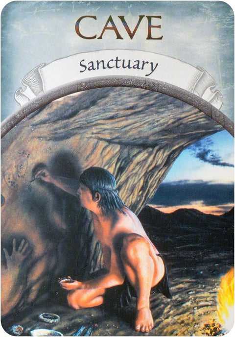 Oracle korta Cave Sanctuary – vyras prie urvo angos žiūri į savo atspindį, tamsių žemiškų tonų ir saulėlydžio fone