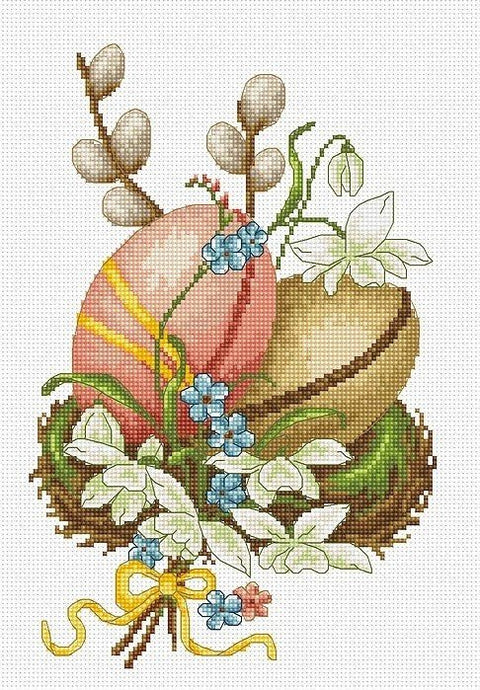 kryželių siuvinėjimo raštas Velykoms: pastelinių rožinių ir žalsvų margučių kompozicija su snieguolėmis, artimas planas