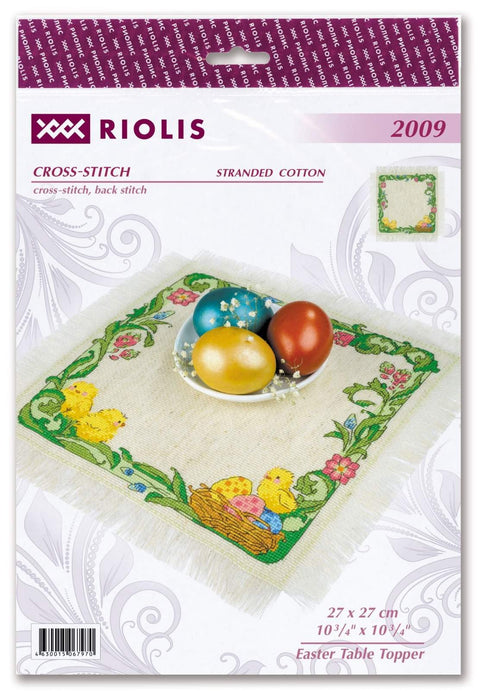Siuvinėtas stalo užtiesalas Riolis 27×27 cm su Velykų ornamentu – viščiukais, kiaušiniais ir dubenėliu
