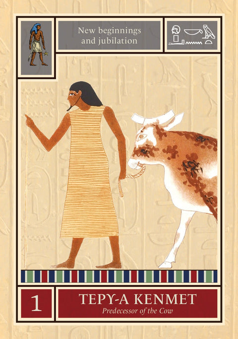 tarot korta Tepy‑A Kenmet, kolekcijos varianto priekinis kadras — ruda figūra vedanti karvę ant smėlio fono, numeris 1