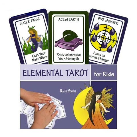 Elemental Tarot kortos vaikams, Rayne Storm komplektas su dėklu ir rankomis maišančiomis kortas, trys pavyzdinės kortos matomos