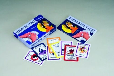 Elemental Tarot kortų rinkinys — dvi dėžutės „for kids“ ir keli išskleisti ryškiaspalviai kortų pavyzdžiai ant šviesaus fono
