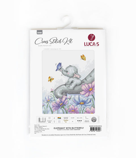 Kryželių rinkinys Luca‑S su mažyliu drambliumi ir drugeliu, baltos pakuotės priekyje, pastelinių gėlių piešinys