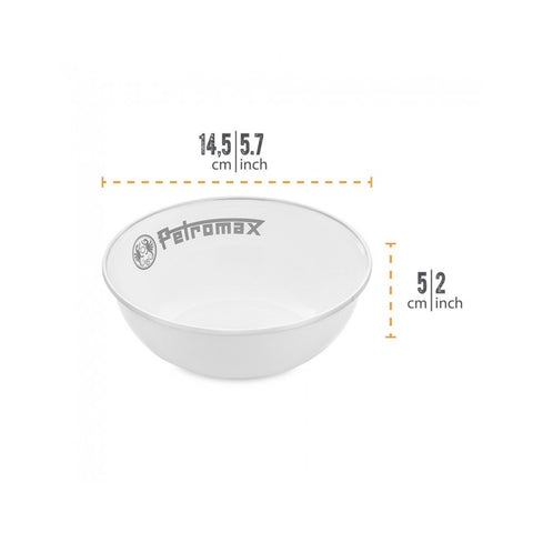 Dubuo Petromax baltas 14,5 cm skersmens, 5,2 cm aukščio, emalinis, priekio kampu su išmatavimų žymomis