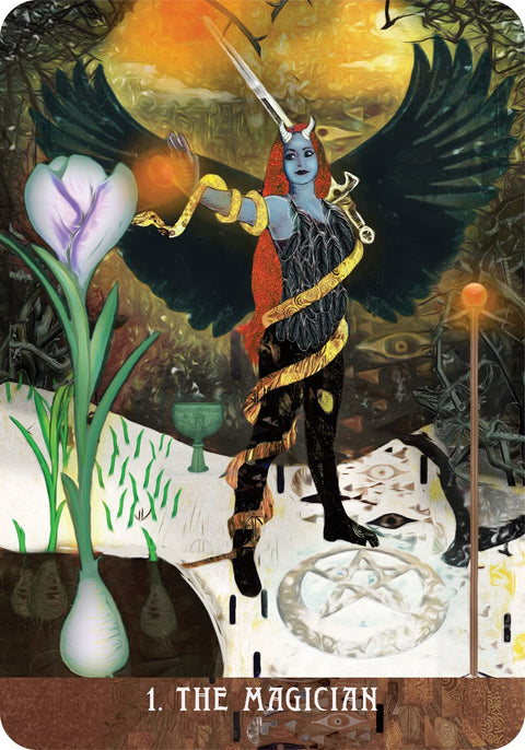 Tarot korta Magas – ryški priekinė korta su mėlyna figūra, raudonomis plaukais ir auksinėmis spiralėmis