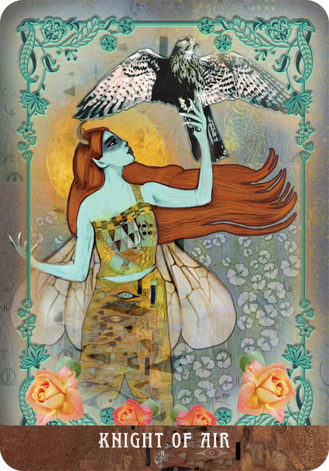 tarot korta Knight of Air meninė spauda: raudonplaukė figūra su sakalu, turkio rėmu ir auksinėmis detalėmis