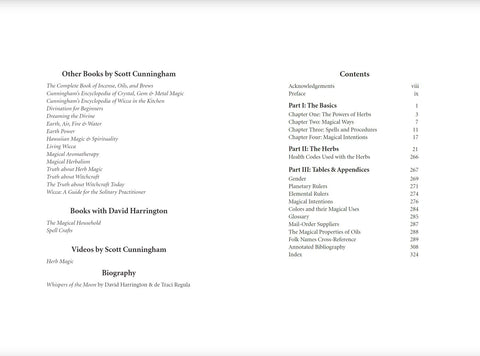 Knyga: turinys ir autorių sąrašas, rodantis „Herb Magic“ skyrių pavadinimus, puslapių numerius ir kitas Scott Cunningham knygas