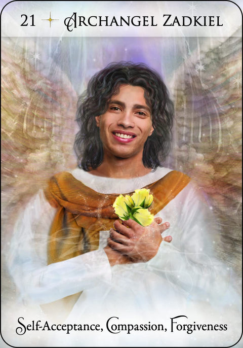 Angelų korta Arkangelo Zadkiel su geltonomis gėlėmis ir auksiniu spindinčiu fonu, skirta savęs priėmimui
